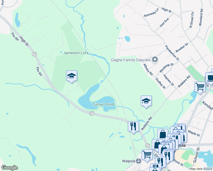 map of restaurants, bars, coffee shops, grocery stores, and more near 21 Mill Pond Road in Walpole