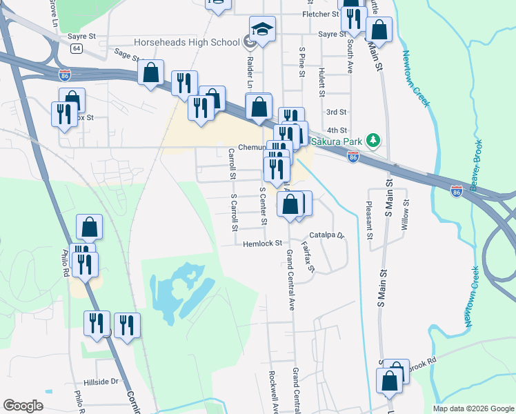 map of restaurants, bars, coffee shops, grocery stores, and more near 4152 S Center St in Horseheads