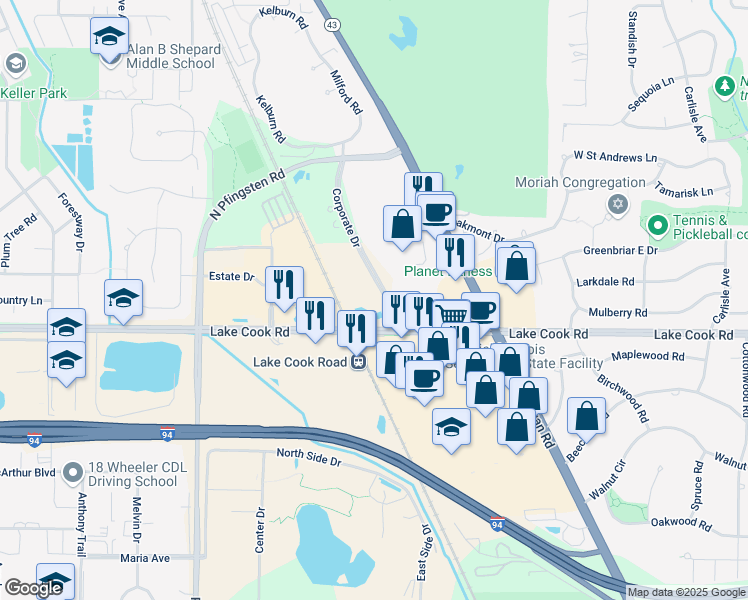 map of restaurants, bars, coffee shops, grocery stores, and more near 500 Lake Cook Road in Deerfield