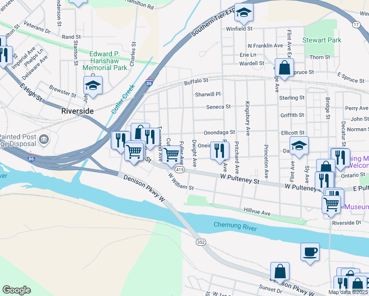 map of restaurants, bars, coffee shops, grocery stores, and more near 138 Fuller Avenue in Corning
