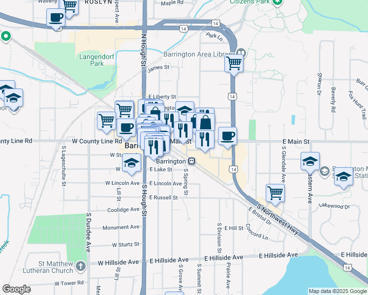 map of restaurants, bars, coffee shops, grocery stores, and more near 312 East Main Street in Barrington