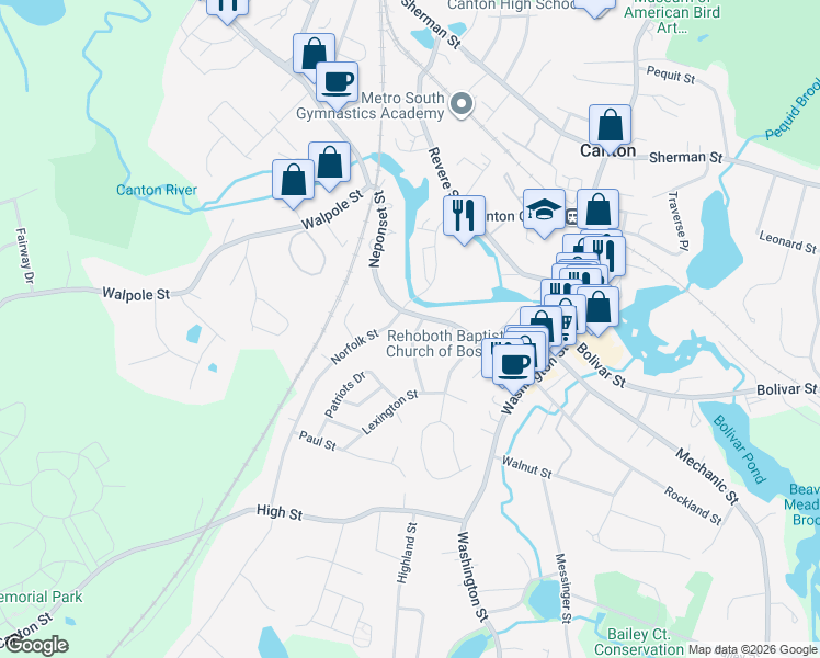 map of restaurants, bars, coffee shops, grocery stores, and more near 150 Neponset Street in Canton