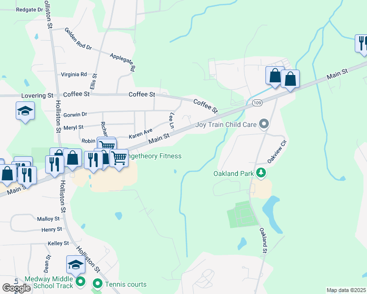 map of restaurants, bars, coffee shops, grocery stores, and more near 36 Main Street in Medway