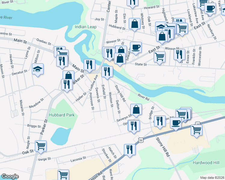map of restaurants, bars, coffee shops, grocery stores, and more near 19 Stony Hill Road in Wilbraham