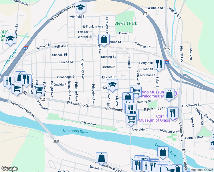 map of restaurants, bars, coffee shops, grocery stores, and more near 78 Ellicott Street in Corning