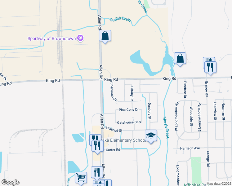 map of restaurants, bars, coffee shops, grocery stores, and more near 16674 Sherwood Lane in Woodhaven