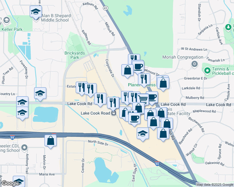 map of restaurants, bars, coffee shops, grocery stores, and more near in Deerfield