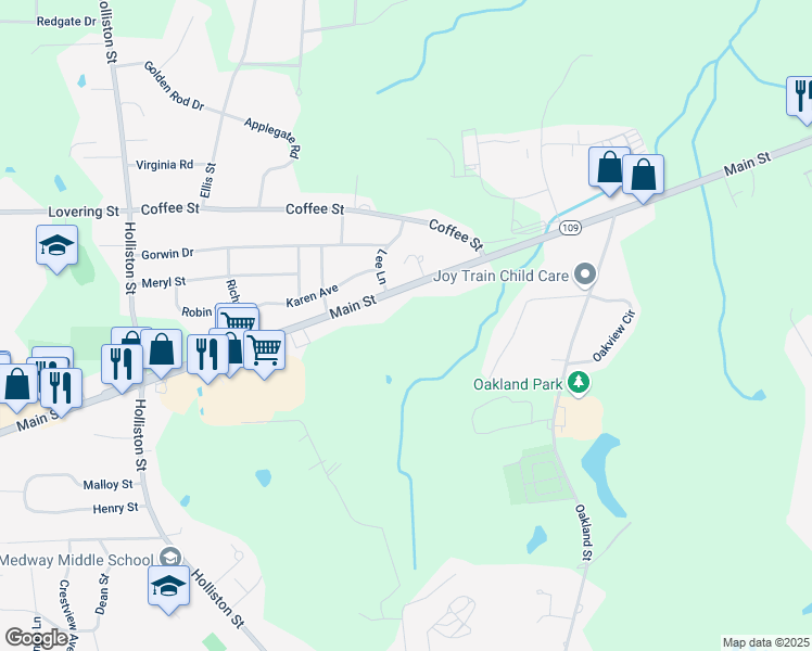 map of restaurants, bars, coffee shops, grocery stores, and more near 39 Main Street in Medway