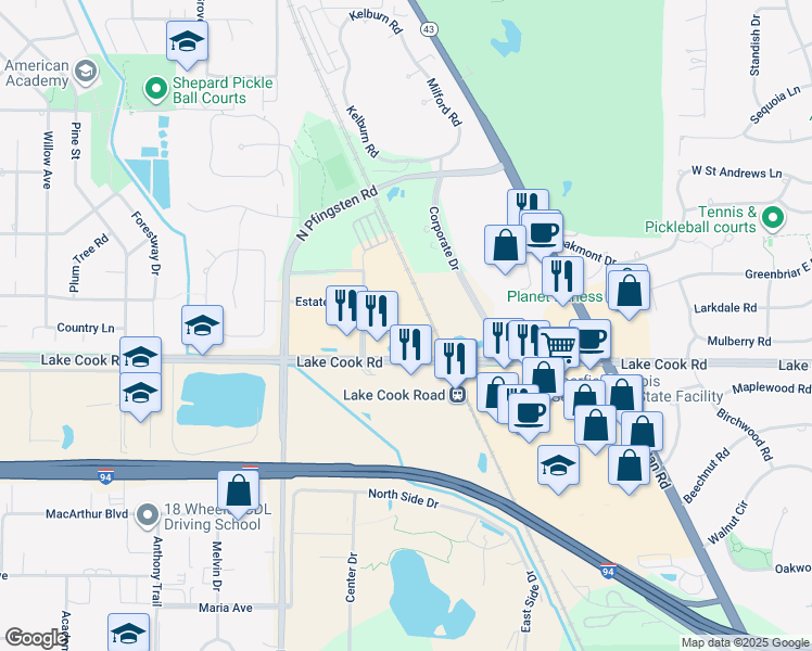map of restaurants, bars, coffee shops, grocery stores, and more near 570 Lake Cook Road in Deerfield