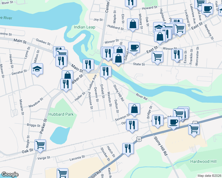 map of restaurants, bars, coffee shops, grocery stores, and more near 19 Stony Hill Road in Wilbraham