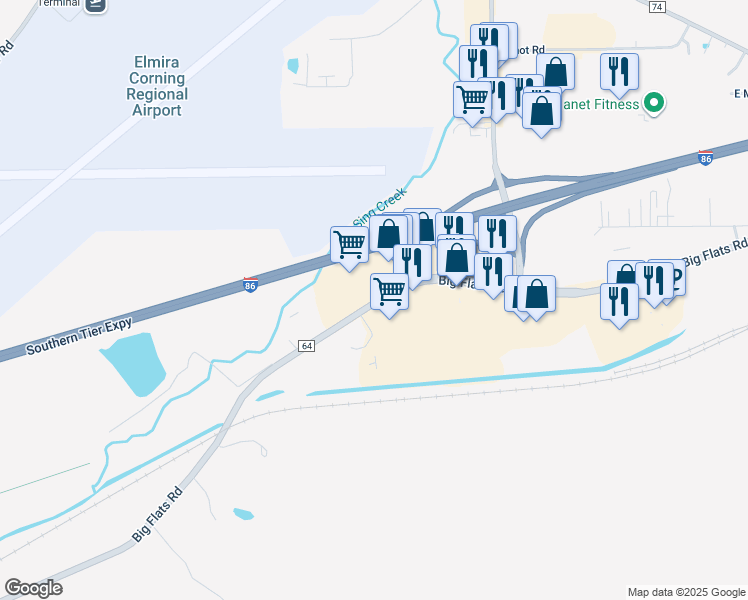 map of restaurants, bars, coffee shops, grocery stores, and more near 821 County Road 64 in Elmira
