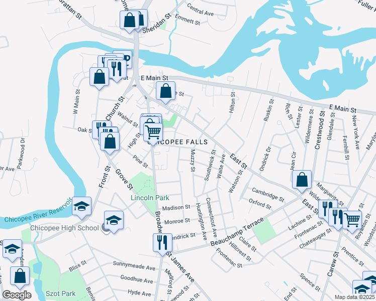 map of restaurants, bars, coffee shops, grocery stores, and more near 90 Cochran Street in Chicopee