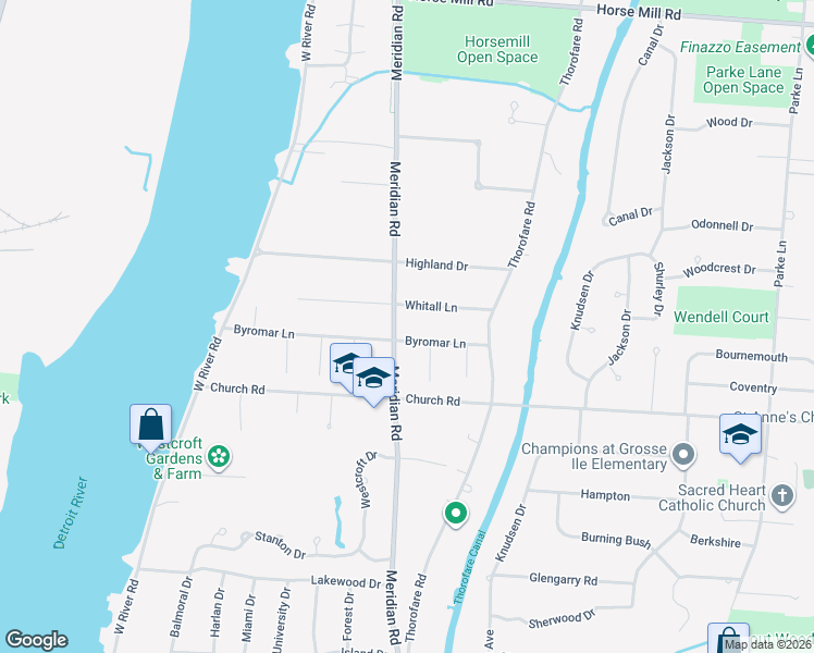 map of restaurants, bars, coffee shops, grocery stores, and more near 21263 Meridian Road in Grosse Ile Township