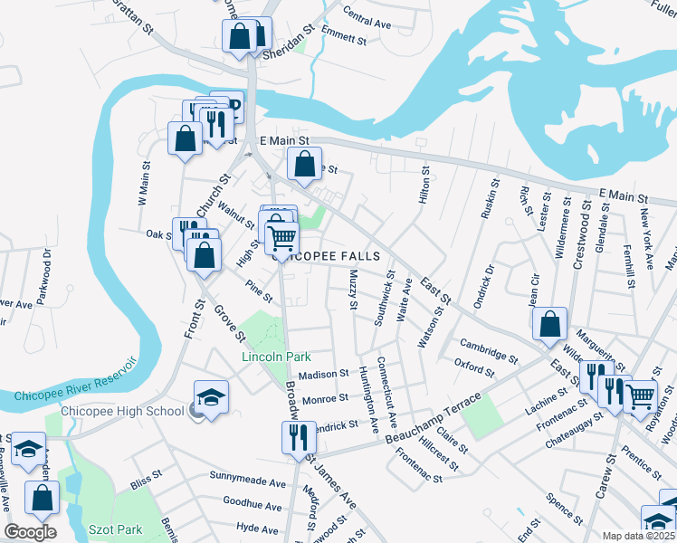 map of restaurants, bars, coffee shops, grocery stores, and more near 29 Page Court in Chicopee