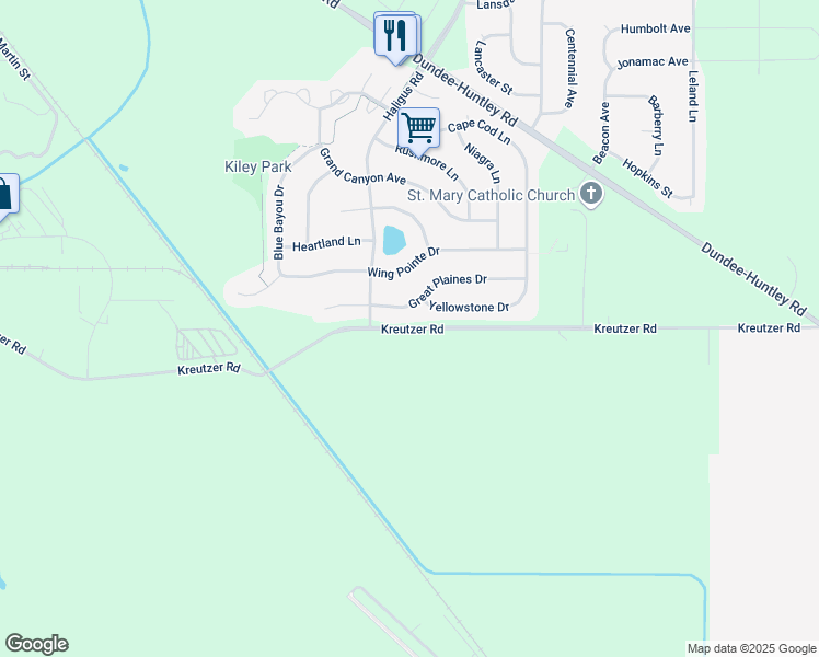 map of restaurants, bars, coffee shops, grocery stores, and more near Kreutzer Road in Huntley