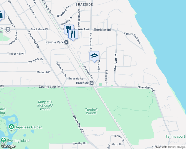 map of restaurants, bars, coffee shops, grocery stores, and more near 89 Lincolnwood Road in Highland Park