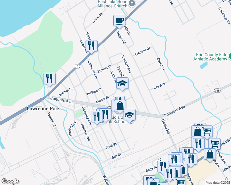 map of restaurants, bars, coffee shops, grocery stores, and more near 4231 Morse Street in Erie