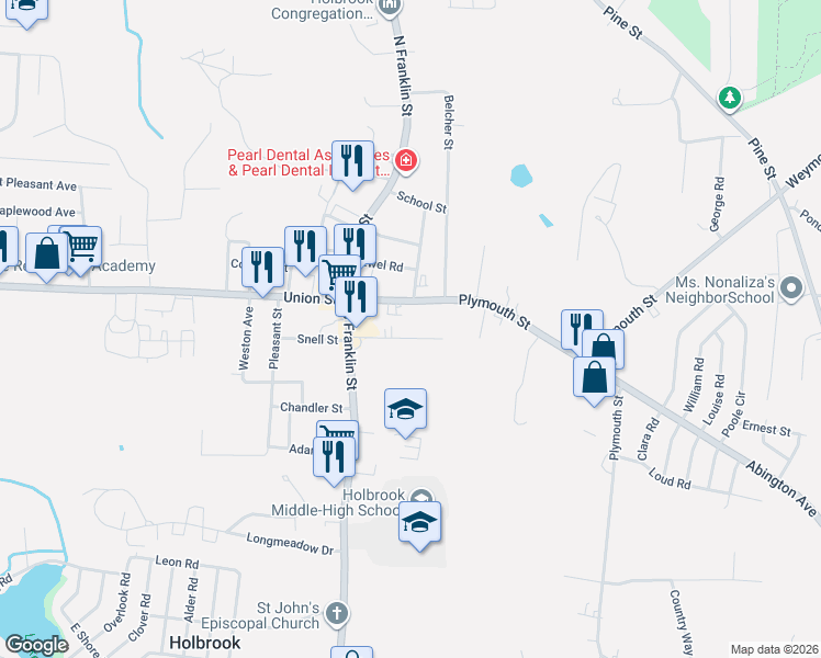 map of restaurants, bars, coffee shops, grocery stores, and more near 44 Norfolk Road in Holbrook