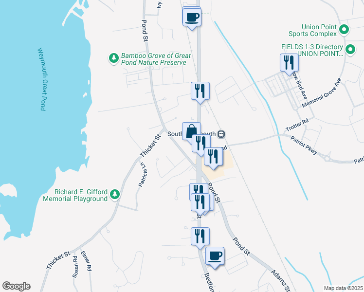 map of restaurants, bars, coffee shops, grocery stores, and more near 1449 Main Street in Weymouth