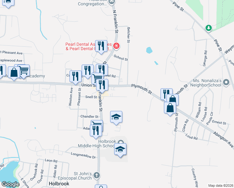 map of restaurants, bars, coffee shops, grocery stores, and more near 44 Norfolk Road in Holbrook
