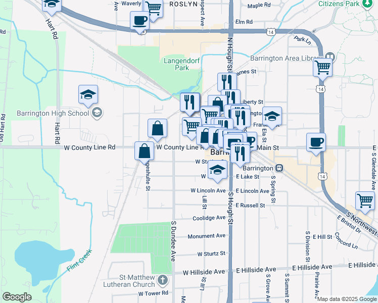 map of restaurants, bars, coffee shops, grocery stores, and more near 224 West Main Street in Barrington