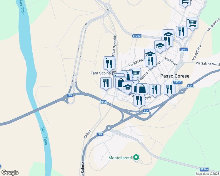 map of restaurants, bars, coffee shops, grocery stores, and more near 2 Via Madonna del Divino Amore in Passo Corese