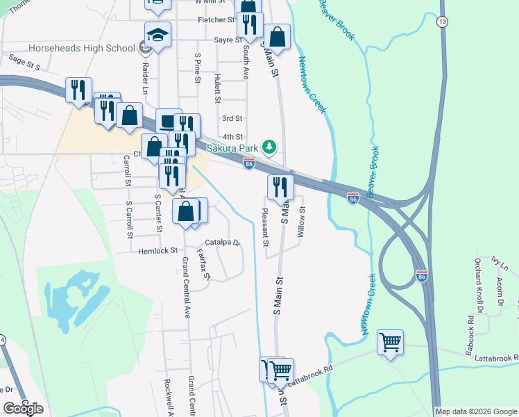 map of restaurants, bars, coffee shops, grocery stores, and more near 1138 Pleasant Street in Horseheads