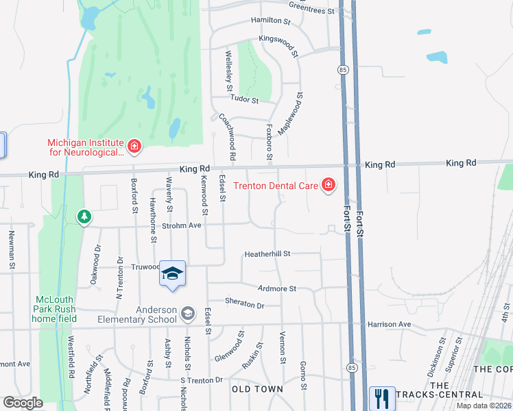 map of restaurants, bars, coffee shops, grocery stores, and more near 1561 Camelot Drive in Trenton