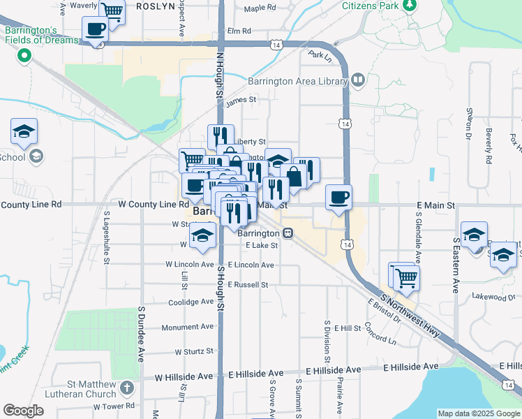 map of restaurants, bars, coffee shops, grocery stores, and more near 228 East Main Street in Barrington