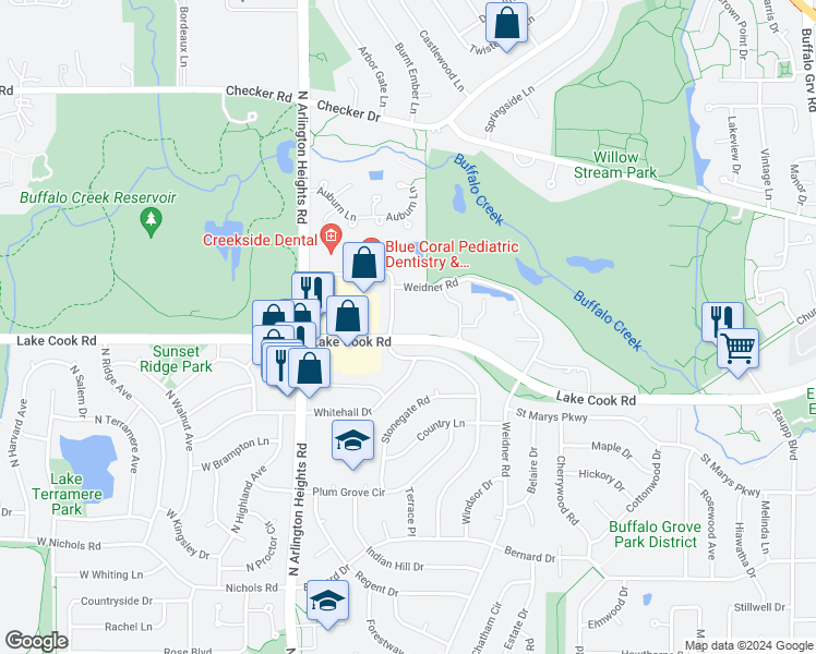 map of restaurants, bars, coffee shops, grocery stores, and more near 1110 West Lake Cook Road in Buffalo Grove