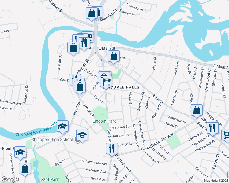map of restaurants, bars, coffee shops, grocery stores, and more near in Chicopee