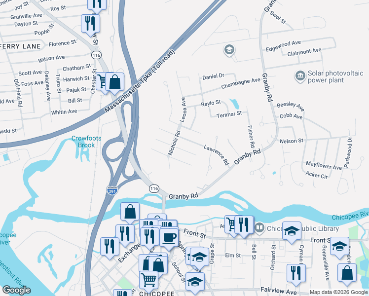 map of restaurants, bars, coffee shops, grocery stores, and more near 24 Lawrence Road in Chicopee