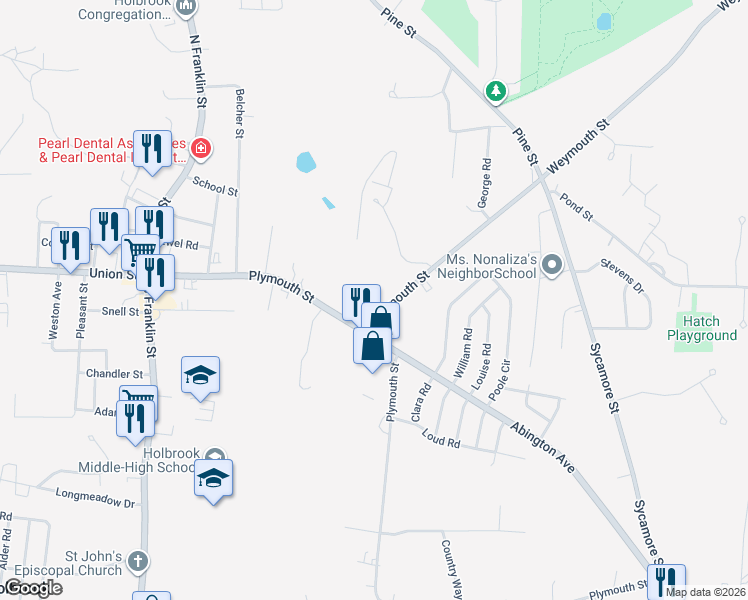 map of restaurants, bars, coffee shops, grocery stores, and more near 28 Weymouth Street in Holbrook