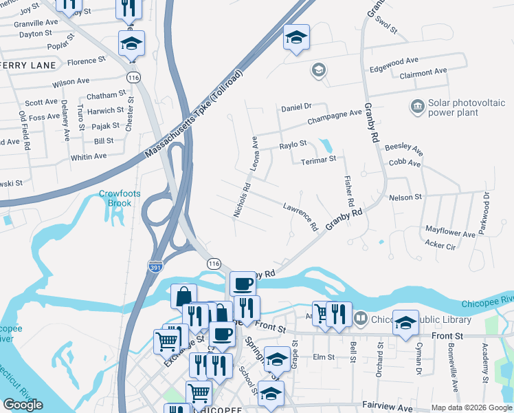 map of restaurants, bars, coffee shops, grocery stores, and more near 24 Lawrence Road in Chicopee