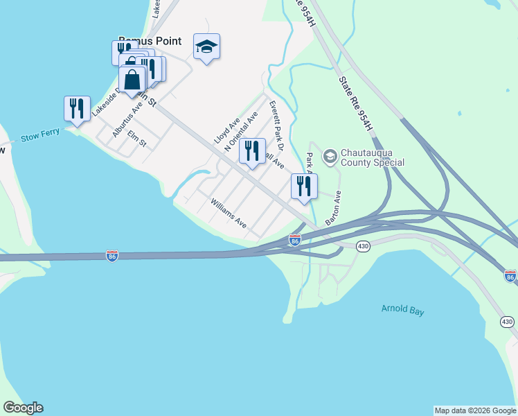 map of restaurants, bars, coffee shops, grocery stores, and more near 3951 South Nesmith Avenue in Bemus Point