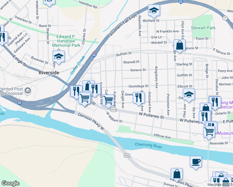 map of restaurants, bars, coffee shops, grocery stores, and more near 142 Fuller Avenue in Corning