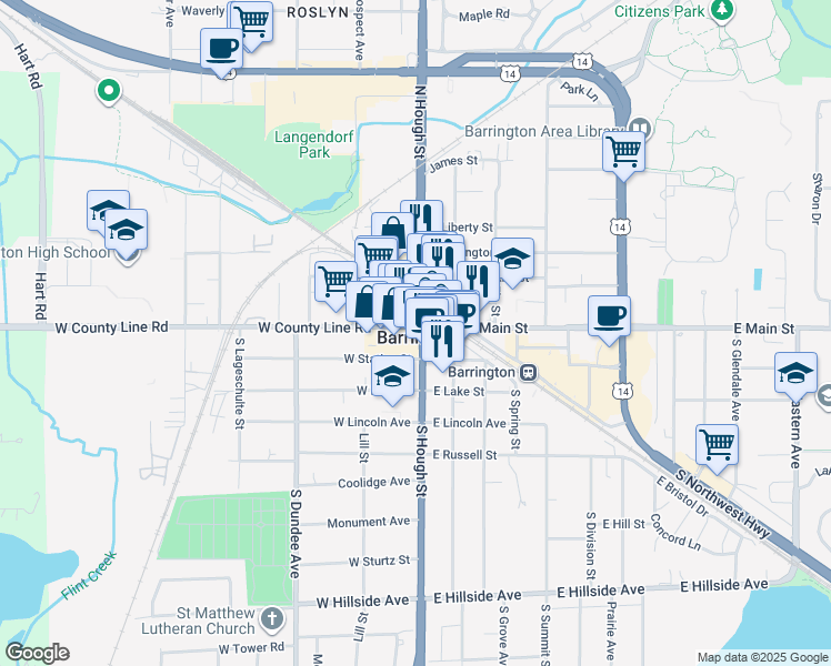 map of restaurants, bars, coffee shops, grocery stores, and more near 101 West Main Street in Barrington