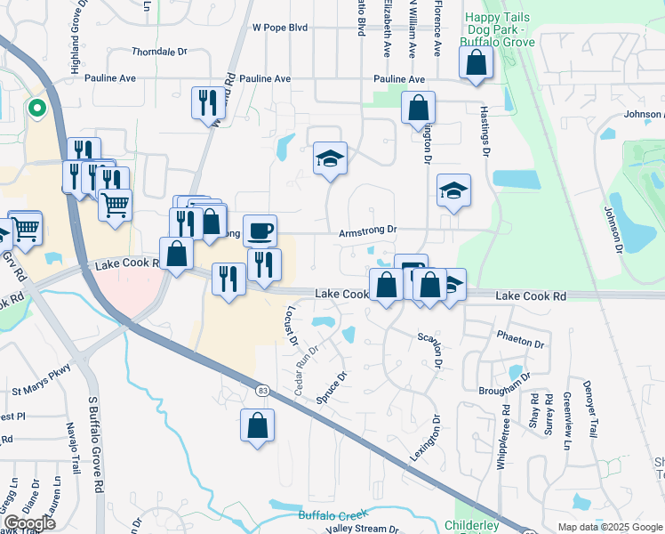 map of restaurants, bars, coffee shops, grocery stores, and more near 521 Le Parc Circle in Buffalo Grove