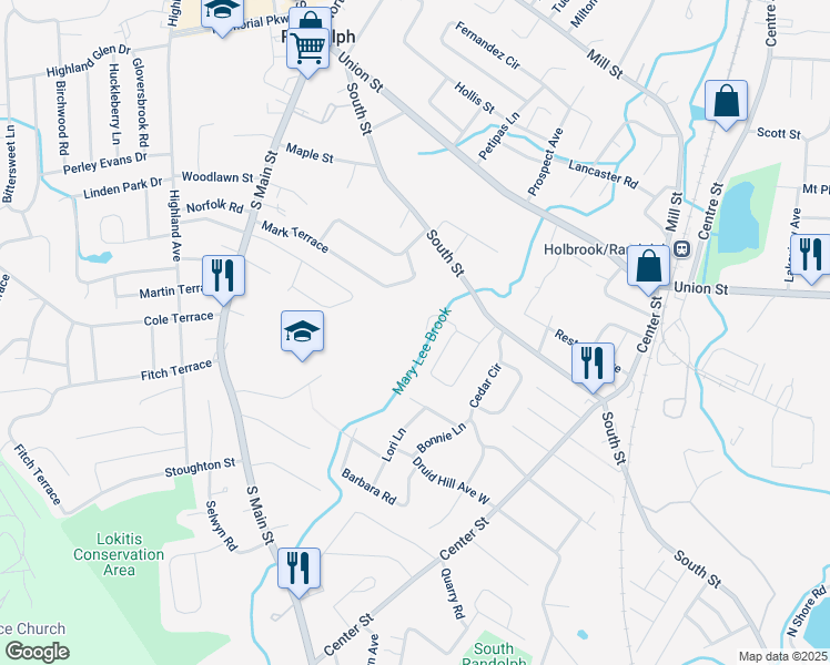 map of restaurants, bars, coffee shops, grocery stores, and more near 29 Nightingale Circle in Randolph