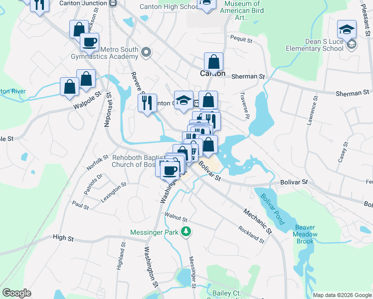map of restaurants, bars, coffee shops, grocery stores, and more near 24 Revere Court in Canton