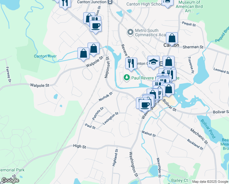 map of restaurants, bars, coffee shops, grocery stores, and more near 150 Neponset Street in Canton