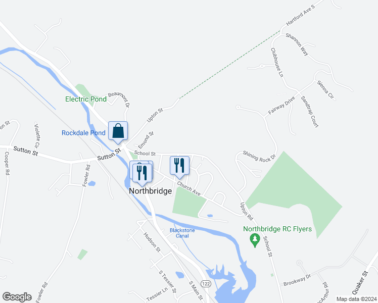 map of restaurants, bars, coffee shops, grocery stores, and more near 147 School Street in Northbridge
