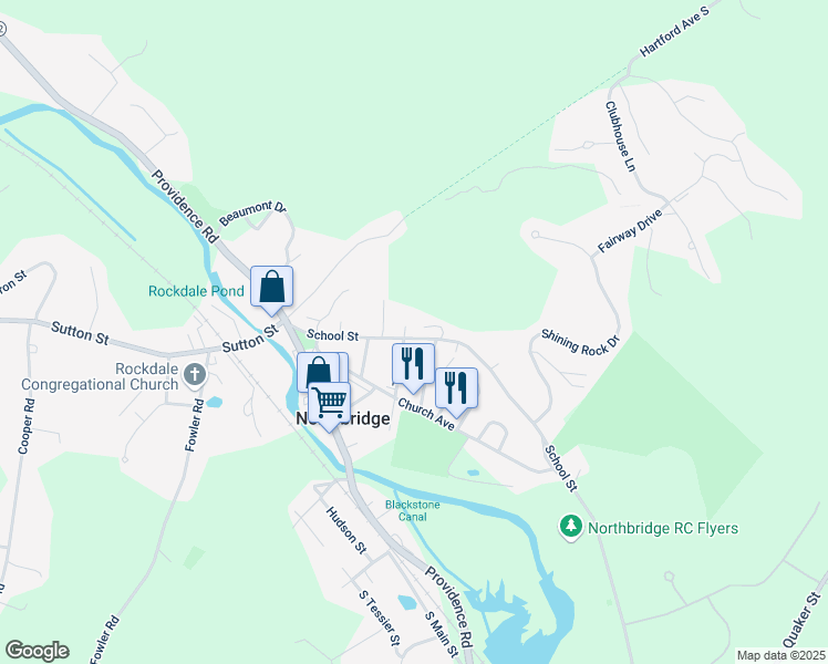 map of restaurants, bars, coffee shops, grocery stores, and more near 147 School Street in Northbridge