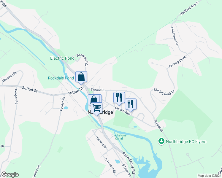 map of restaurants, bars, coffee shops, grocery stores, and more near 117 School Street in Northbridge
