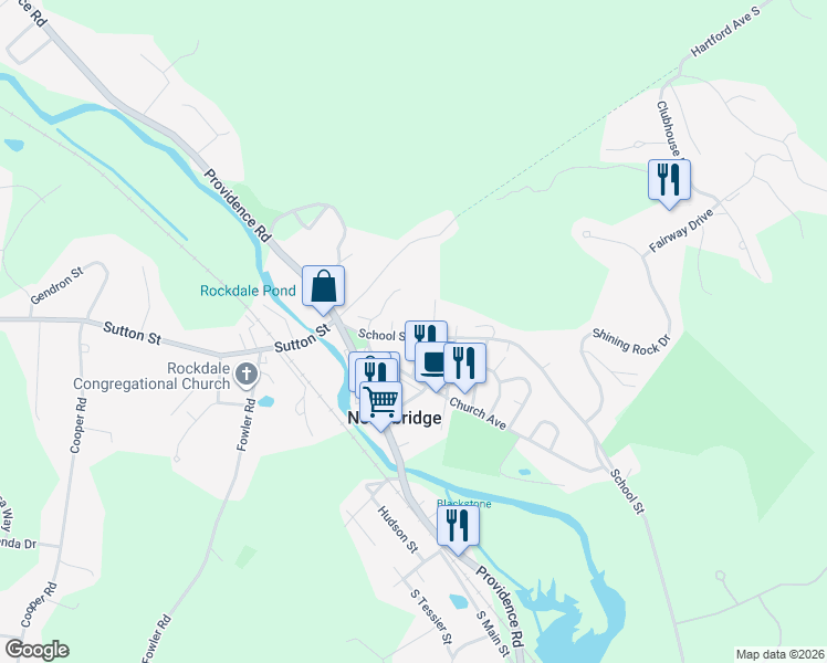 map of restaurants, bars, coffee shops, grocery stores, and more near 63 School Street in Northbridge