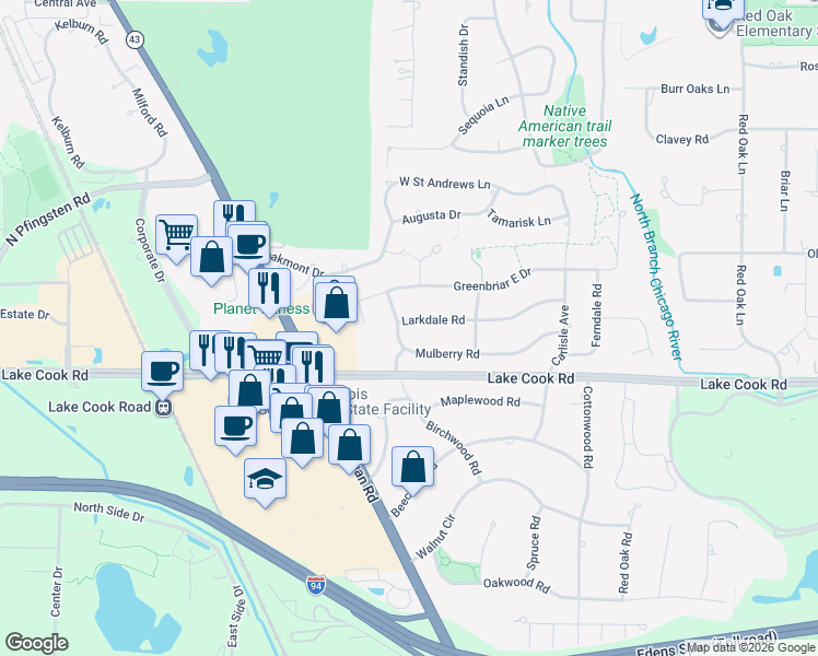 map of restaurants, bars, coffee shops, grocery stores, and more near 112 Larkdale Road in Deerfield