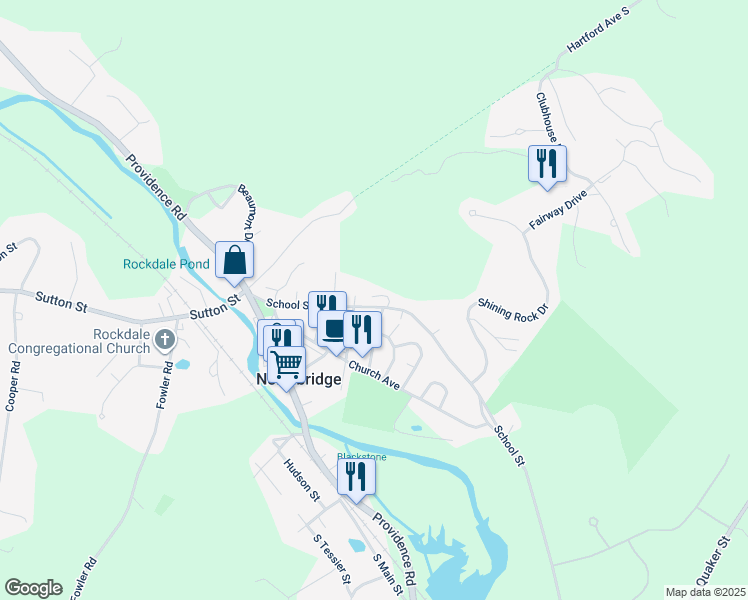 map of restaurants, bars, coffee shops, grocery stores, and more near 147 School Street in Northbridge