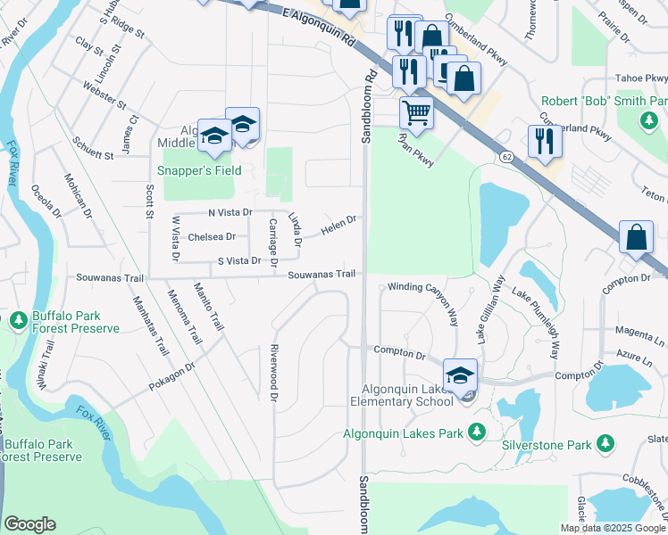 map of restaurants, bars, coffee shops, grocery stores, and more near 920 Susan Court in Algonquin