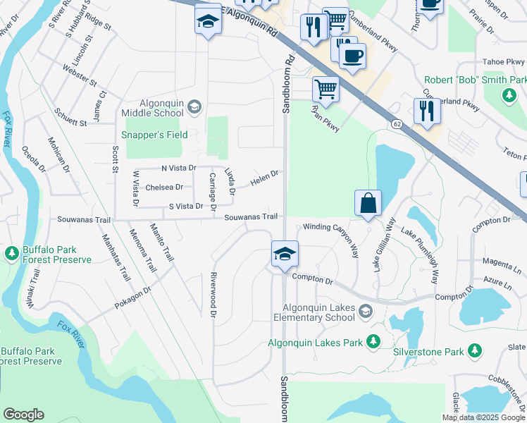 map of restaurants, bars, coffee shops, grocery stores, and more near 920 Susan Court in Algonquin