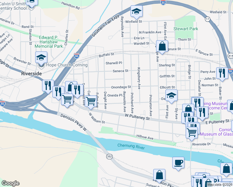 map of restaurants, bars, coffee shops, grocery stores, and more near 228 Onondaga Street in Corning